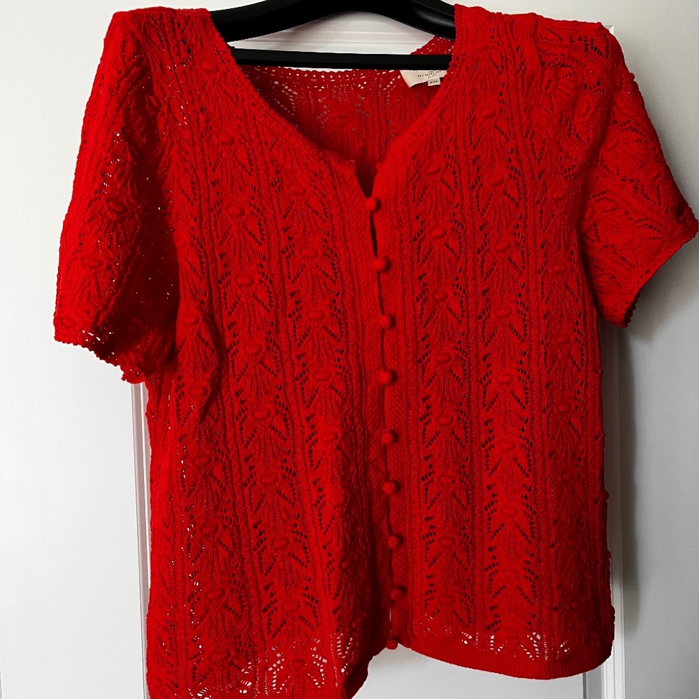 Sezane Red Knit Short-Sleeve Cardigan